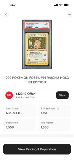 1999 POKEMON FOSSIL 1ST ED #14 RAICHU-HOLO PSA 8 - Image 3