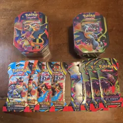 8x Pokemon TCG Phantasmal Flames/Mega Evolution Packs + 2x Mega Charizard Tins - Image 1