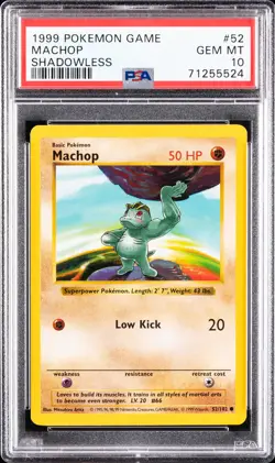 1999 POKEMON BASE SET SHADOWLESS #52 MACHOP PSA 10 - Image 1