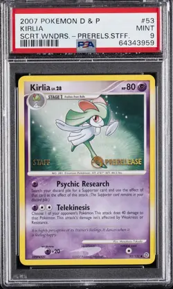 2007 POKEMON DIAMOND & PEARL SECRET WONDERS PRERELEASE-STAFF #53 KIRLIA PSA 9 - Image 1