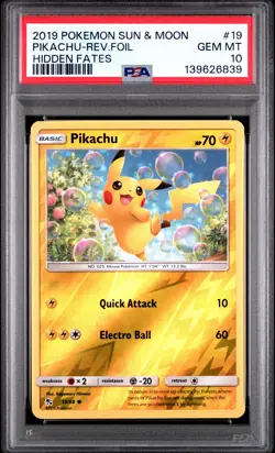 2019 POKEMON SUN & MOON HIDDEN FATES #19 PIKACHU-REVERSE FOIL PSA 10 - Image 1
