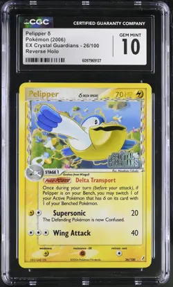 CGC 10 Pelipper EX Crystal Guardians 26/100 Reverse Holo STAMPED Pokemon Card - Image 1