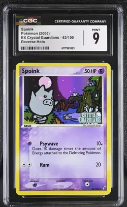 CGC 9 MINT Spoink EX Crystal Guardians 62/100 Reverse Holo STAMPED Pokemon Card - Image 1