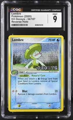 CGC 9 MINT Lombre 2005 EX Deoxys 34/107 Reverse Holo Stamped Pokemon Card - Image 1