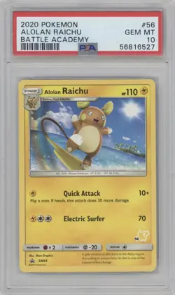 ALOLAN RAICHU #SM65 2020 POKEMON EN BATTLE ACADEMY #56 STAMPED GEMT MT PSA 10 - Image 1