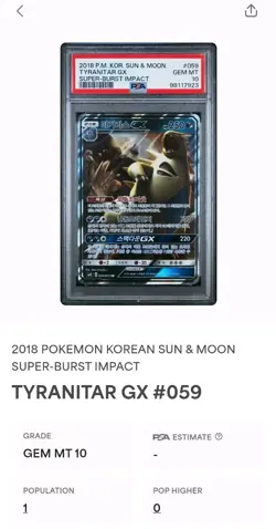 PSA 10 GEM MINT Tyranitar GX Full Art Super Burst Impact 059/095 KOREAN Pokemon - Image 2