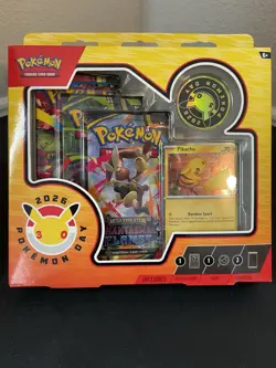 Pokemon Day 2026 Collection Box Promo Pikachu Card Coin 3 Booster Packs - Image 1