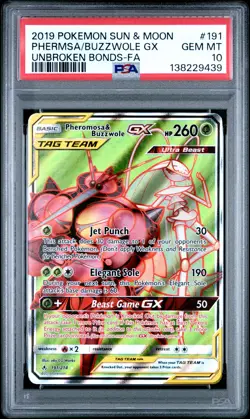 2019 POKEMON SUN & MOON UNBROKEN BONDS FULL ART/PHEROMOSA & BUZZWOLE GX PSA 10 - Image 1