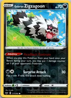 Pokemon Sword & Shield Base Galarian Zigzagoon Reverse Holo 117/202 - Image 1