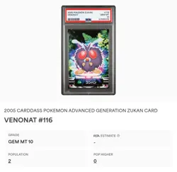 PSA 10 GEM MINT Venonat #116 Carddass Zukan Advanced Gen. Bandai Pokemon POP 2 - Image 2