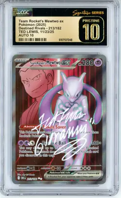 CGC Pristine 10 Auto 10 Ted Lewis Pokemon TCG Team Rocket's Mewtwo ex 213/182 - Image 1