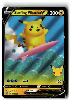 Surfing Pikachu V ⭐ 008/025 Holo Rare V Celebrations 2021 Pokemon NM - Image 1