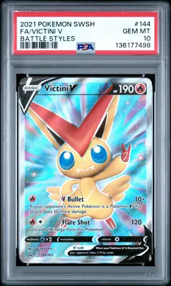 2021 POKEMON SWORD & SHIELD BATTLE STYLES #144 FULL ART/VICTINI V PSA 10 - Image 1