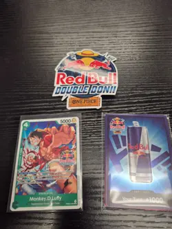 One Piece TCG Red Bull Double Don Don Pack + Luffy PR NM + Sticker - Image 1