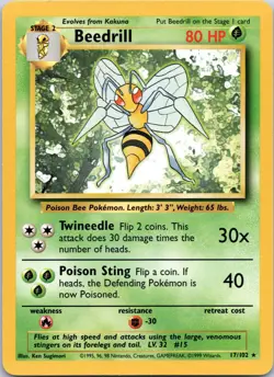 Beedrill Pokemon 1999 Base Set 17/102 Vintage Rare Original - Image 1