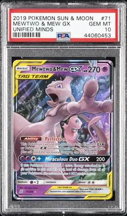 2019 POKEMON SUN & MOON UNIFIED MINDS #71 MEWTWO & MEW GX PSA 10 - Image 1