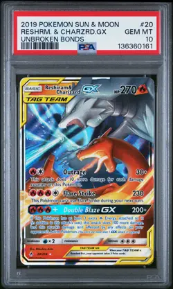 2019 POKEMON SUN & MOON UNBROKEN BONDS #20 RESHIRAM & CHARIZARD GX PSA 10 - Image 1
