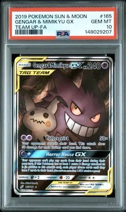 2019 POKEMON SUN & MOON TEAM UP #165 FULL ART/GENGAR & MIMIKYU GX PSA 10 - Image 1