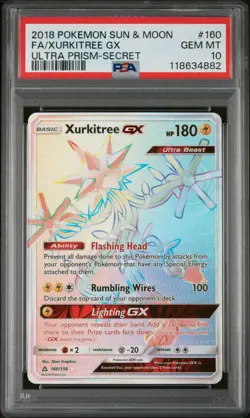 2018 POKEMON SUN & MOON ULTRA PRISM SECRET #160 FULL ART/XURKITREE GX PSA 10 - Image 1