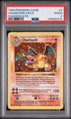 1999 POKEMON BASE SET SHADOWLESS #4 CHARIZARD-HOLO PSA 2 - Image 1
