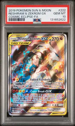 2019 POKEMON SUN & MOON COSMIC ECLIPSE #222 FULL ART/RESHIRAM & ZEKROM GX PSA 10 - Image 1