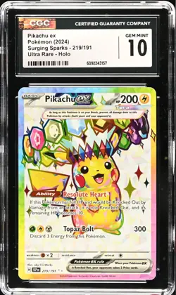 CGC 10 GEM MINT Pikachu ex 219/191 Surging Sparks Full Art Ultra Rare Pokemon - Image 1