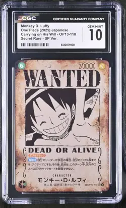 2025 One Piece Japanese OP13 Monkey D Luffy Wanted SEC Alternate Art CGC 10 - Image 1