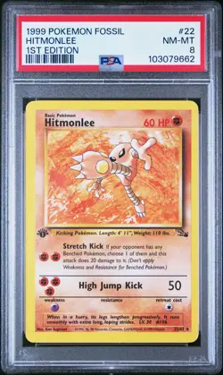 1999 POKEMON FOSSIL 1ST ED #22 HITMONLEE PSA 8 - Image 1