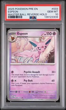 2025 POKEMON PRE EN-PRISMATIC EVOLUTIONS MASTER BALL REVERSE HOLO ESPEON PSA 10 - Image 1