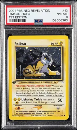 2001 POKEMON NEO REVELATION 1ST ED #13 RAIKOU-HOLO PSA 8 - Image 1