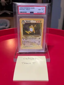 1999 POKEMON BASE SET UNLIMITED #14 RAICHU-HOLO PSA 8 - Image 1