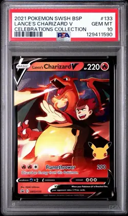 2021 POKEMON SWSH BLACK STAR PROMO CELEBRATIONS COLL LANCE'S CHARIZARD V PSA 10 - Image 1