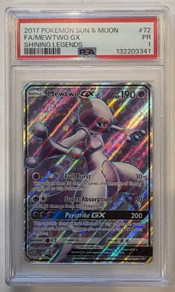 PSA 1- 2017 POKEMON SUN & MOON SHINING LEGENDS #72 FULL ART/MEWTWO GX - Image 1