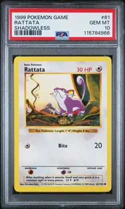 PSA 10 Rattata [Shadowless] #61 Pokemon Base Set - Image 1