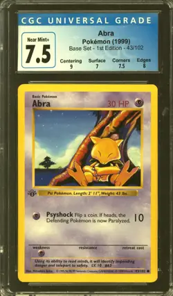 Pokemon Base Set 1st Edition Shadowless Abra 43/102 CGC 7.5 subs - Image 1