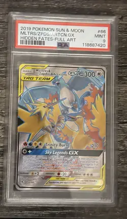 Pokemon 2019 Sun & Moon Hidden Fates Moltres Zapdos Articuno GX #66/68 PSA 9 - Image 1