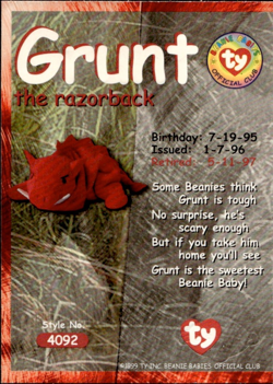 TY Beanie Babies BBOC Card - Series 2 Retired (BLUE) - GRUNT the Razorback - Image 2