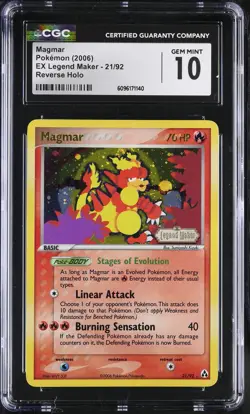 CGC 10 GEM MINT Magmar EX Legend Maker 21/92 Reverse Holo STAMPED Pokemon Card - Image 1