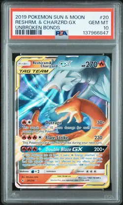 2019 POKEMON SUN & MOON UNBROKEN BONDS #20 RESHIRAM & CHARIZARD GX PSA 10 GEM - Image 1