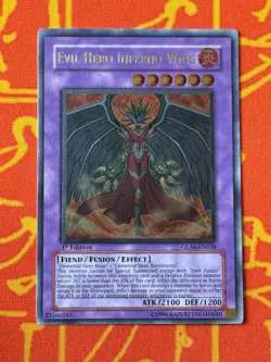 YUGIOH EVIL HERO INFERNO WING ULTIMATE RARE 1ST EDITION EXC GLAS-EN038 NA PRINT - Image 1