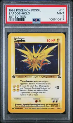 1999 POKEMON FOSSIL 1ST ED #15 ZAPDOS-HOLO PSA 9 - Image 1