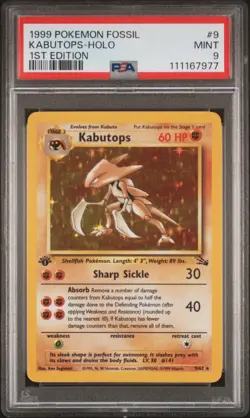 1999 POKEMON FOSSIL 1ST ED #9 KABUTOPS-HOLO PSA 9 - Image 1