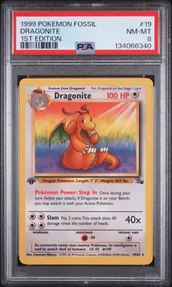 1999 POKEMON FOSSIL 1ST ED #19 DRAGONITE PSA 8 - Image 1