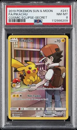 2019 POKEMON SUN & MOON COSMIC ECLIPSE SECRET #241 FULL ART/PIKACHU PSA 8 - Image 1