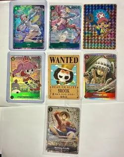 One Piece TCG Lot - Uta Alt Art, Trafalgar Law SR, Brook Wanted Poster, 7 Cards - Image 1
