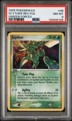 2005 POKEMON EX UNSEEN FORCES #46 SCYTHER-REV.FOIL UNSEEN FORCES PSA 8*LOW POP* - Image 1
