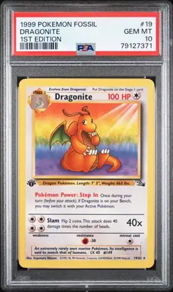 1999 Pokemon 1st Edition Fossil Dragonite #19 PSA 10 - Image 1