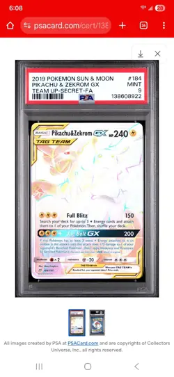 PSA 9 Pikachu & Zekrom GX 184/181 Secret Rare Rainbow 2019 Pokemon S&M Team Up - Image 1