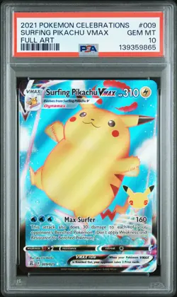 2021 POKEMON CELEBRATIONS #009 FULL ART/SURFING PIKACHU VMAX PSA 10 - Image 1