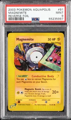 2003 POKEMON AQUAPOLIS #91 MAGNEMITE-REVERSE FOIL PSA 9 - Image 1